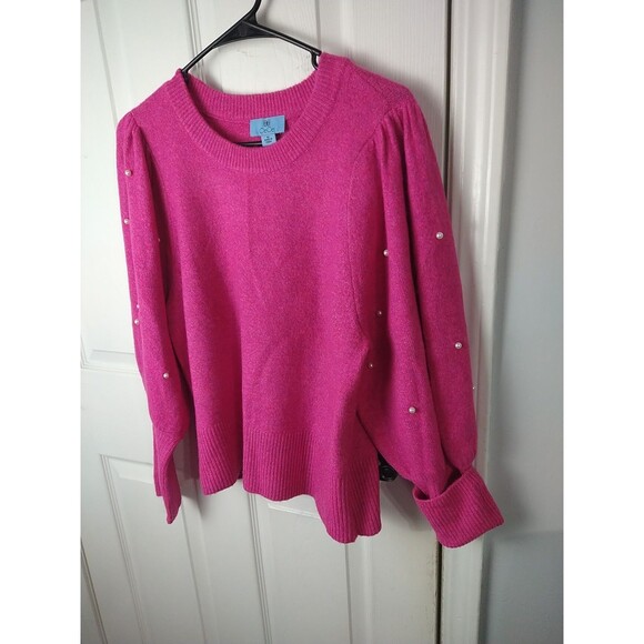 Ce Ce Woman M Pink Sweater Pullover Balloon Pearl Accent LS Office Workwear Soft - Picture 2 of 9